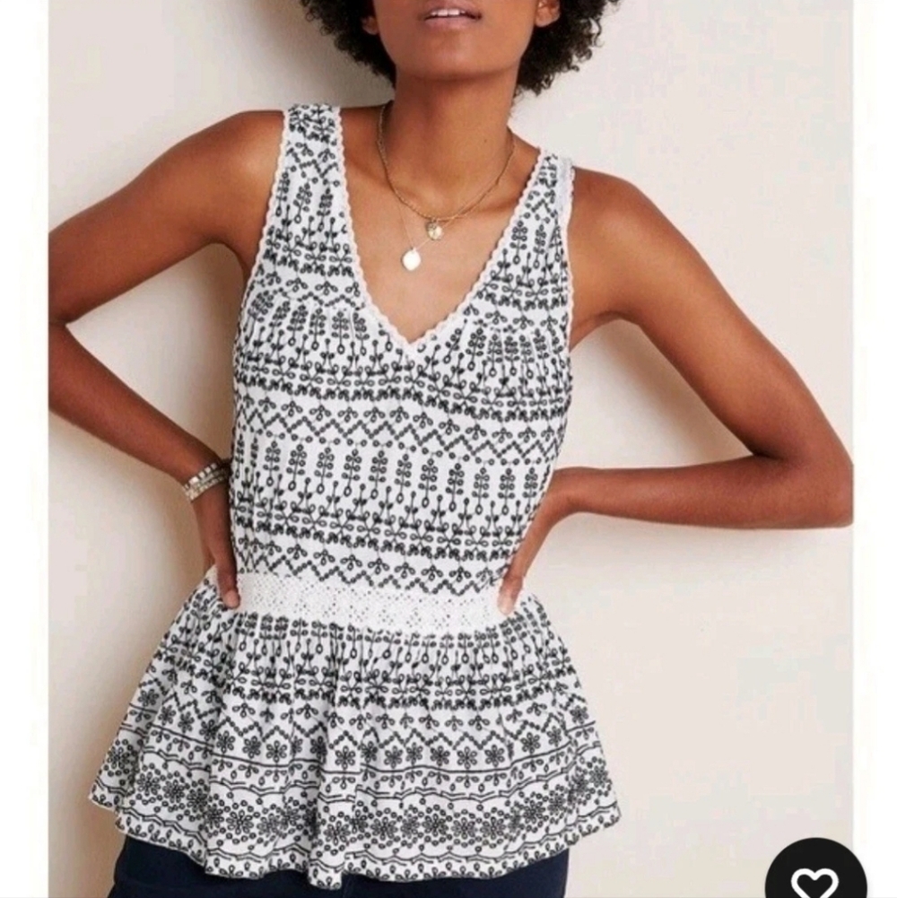 Anthropologie Maeve• Embroidered Eyelet Black/ White Peplum Tank. Sz M